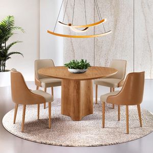 Sala De Jantar Mesa Selene 135cm Madeira Tampo Laminado Veludo Bege /star Caramelo /imbuia Nat.
