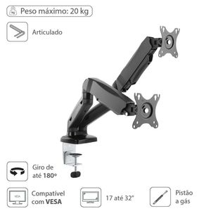 Suporte A Gás Para 2 Monitores 17'' A 32'' Vesa 100x100 Sm-341b