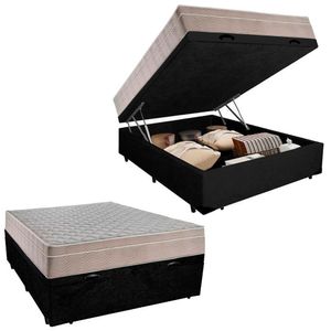 Cama Box Baú Casal Suede + Colchão Sereneprime Molas Ensacadas 138x188x69 Cor:preto
