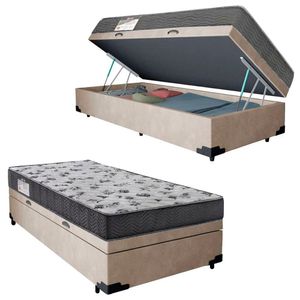 Cama Box Baú Solteiro Suede + Colchão De Molas Ensacadas Sereneprime 88x188x62cm Bege