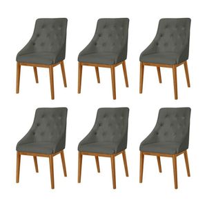 Kit 6 Cadeiras De Jantar Luxo Estofada Elisa Anatômica Capitonê Linho Chumbo Base Madeira Maciça Mel