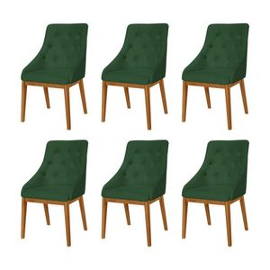 Kit 6 Cadeiras De Jantar Luxo Estofada Elisa Anatômica Capitonê Veludo Verde Base Madeira Maciça Mel