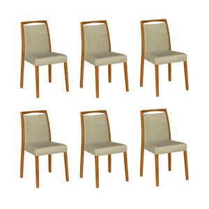 Kit 6 Cadeiras De Jantar Luxo Estofadas Jade Veludo Bege Base Madeira Maciça Mel