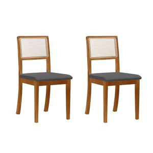 Kit 2 Cadeiras De Jantar Luxo Madeira Maciça Mel Encosto Telinha Palha Estofada Linho Cinza Rubi