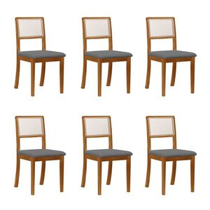 Kit 6 Cadeiras De Jantar Luxo Madeira Maciça Mel Encosto Telinha Palha Estofada Veludo Cinza Rubi