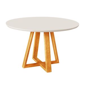 Mesa De Jantar Luxo Tampo Mdf/vidro Redonda Para 4 Lugares Pés Madeira Maciça Pérola - Mel/off White