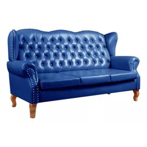 Sofá Chesterfield 3 Lugares Imperador Vintage Retrô Capitonê Couro Azul