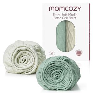 Momcozy Lençol De Berço Muslin Ajustado 52x28 (verde Claro Cinza - 2 Peças)