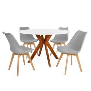 Conjunto Mesa De Jantar Redonda Marci 120cm Branca Com 4 Cadeiras Leda - Cinza