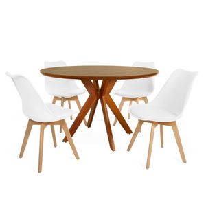 Conjunto Mesa De Jantar Redonda Marci Premium 120cm Natural Com 4 Cadeiras Leda - Branco
