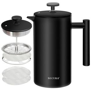Secura Prensa Francesa De Aço Inoxidável 34oz Com 2 Filtros Extras (preto)