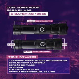 Lanterna Tática T9 Led Recarregável Usb Zoom Longo Alcance Super Potente