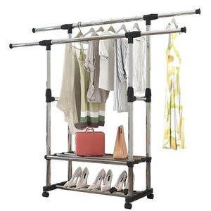 Arara Dupla Inox Sapateira Cabideiro 2 Prateleiras Extensivel Organizador Roupa Com Rodinhas Guarda Roupa