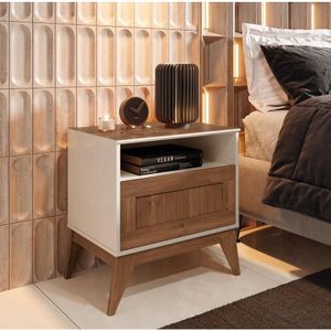 Mesa De Cabeceira Siena Tampo E Pés Em MDF Com 1 Gaveta Off White Nogueira