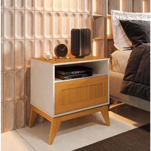 Mesa De Cabeceira Siena Tampo E Pés Em MDF Com 1 Gaveta Off White Cedro