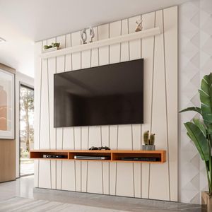 Painel Ripado Horizon Para TV Até 75 Polegadas Com Nicho 225cm Off White Cedro