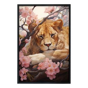 Quadro Decorativo Leão Flor Cerejeira Moldura Cx Alta 100x66 Titulos Moldura Preta