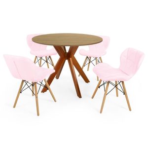 Conjunto Mesa De Jantar Redonda Marci 100cm Natural Com 4 Cadeiras Slim - Rosa Claro