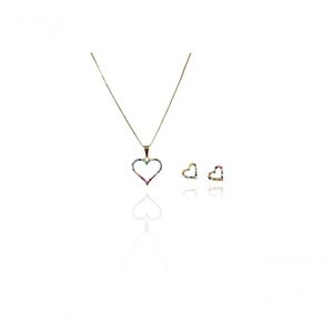 Conjunto Corações Com Zircônia Colorida Banhado Em Ouro 18k