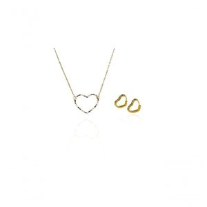 Conjunto De Coração Vazado Cravejado Com Zircônias Multicolor Banhado Em Ouro 18k