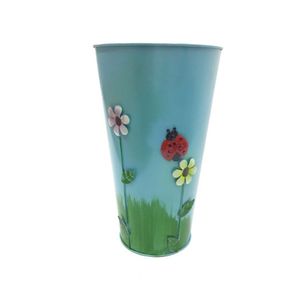 Vaso Balde Metal Enfeite Jardim Quintal Varanda Joaninha Flor Azul