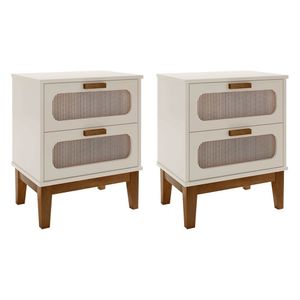 Kit 2 Mesas De Cabeceira 2 Gavetas Santorini Off White 45 Cm Com Tela Indiana - Off White
