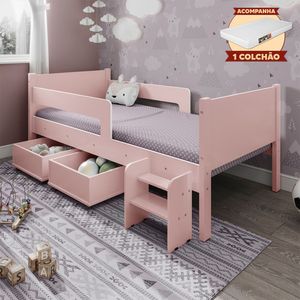 Cama Infantil Com 2 Baús Organizador E Escada Luna Plus Rosa Com Colchão - Branco