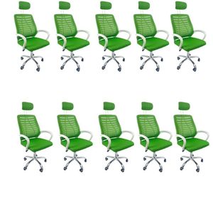 Kit 10 Cadeiras Escritório Diretor Oficial Tela Mesh Apoio Nuca Verde Branco