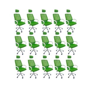 Kit 15 Cadeiras Escritório Diretor Oficial Tela Mesh Apoio Nuca Verde Branco