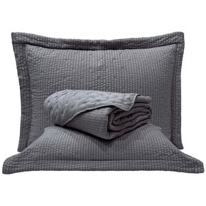 Kit Cobre Leito Colcha Casa Scarpa Anabela Queen Dupla Face Texturizado Percal 300 Fios 3 Peças - Cinza - 100% Poliéster