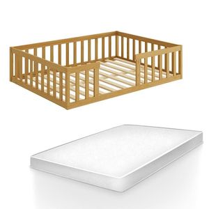 Cama De Casal Com Colchão E Grades Em Madeira Maciça Nogueira