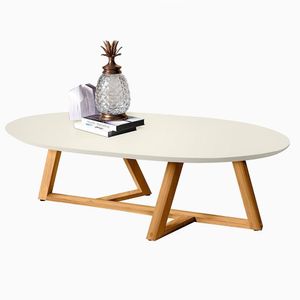 Mesa De Centro Sala Classic Oval Com Pés Em Madeira Maciça Branco Amendoa