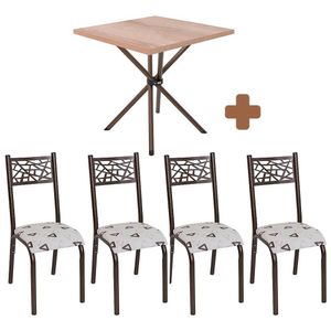 Mesa De Jantar Quadrada Com 4 Cadeiras Em Aço Bronze Carvalho Com Estofado Bege Geométrico Fione