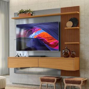 Painel Para Tv Até 65 Polegadas Com Prateleira Superior E Lateral 2 Gavetas Detalhe Fresado