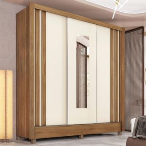 Guarda Roupa Casal 3 Portas Com Espelho E 2 Gavetas Ravel Flex Amêndola Touch-off White