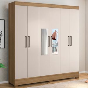 Guarda Roupa Casal 6 Portas Com Espelho E 3 Gavetas Prático Amêndola Touch-off White