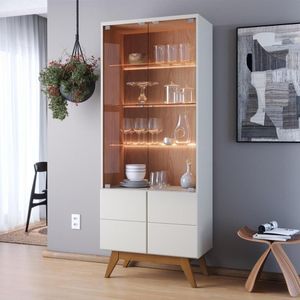 Cristaleira Com Portas De Vidro E Led Noronha Off White Matte/freijó