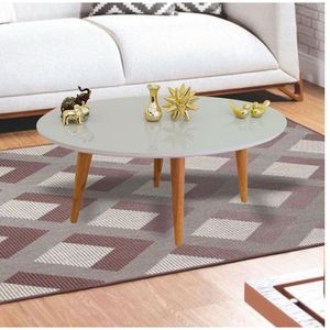 Mesa De Centro Oval Laqueada Com Vidro Cor Off White Tamanho P