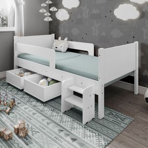 Cama Infantil Com 2 Baus Organizador E Escada Luna Plus Branco - Branco