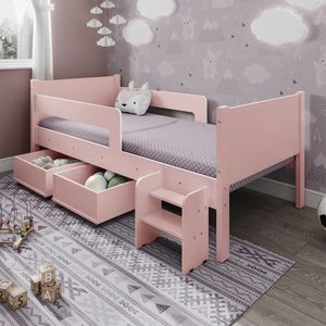 Cama Solteiro Com 2 Baus Organizador E Escada Luna Plus Rosa - Branco