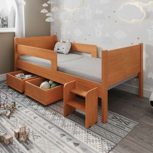 Cama Solteiro Com 2 Baus Organizador E Escada Luna Plus Nature - Marrom