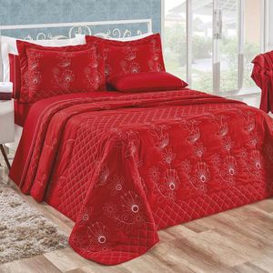 Kit Cobre Leito Colcha Atena Queen 5 Peças 100% Algodão 150 Fios Bordado Floral - Vermelho