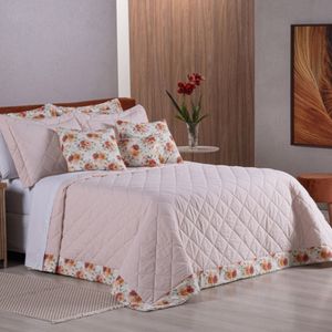 Kit Cobre Leito Colcha Luana Queen 5 Peças 100% Algodão 150 Fios Estampa Floral - Salmão