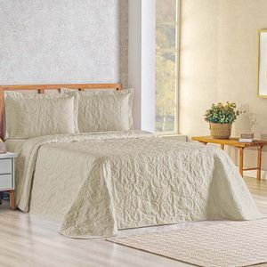 Kit Cobre Leito Colcha Celeste Queen 3 Peças Matelado Floral 180 Fios - Cáqui
