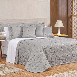 Kit Cobre Leito Colcha Marie Queen 3 Peças Bordado Floral 180 Fios - Cinza
