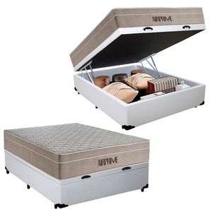 Cama Box Baú Casal Sintético Cremil + Colchão Molas Ensacadas Airprime 138cm Branco - Suporta Até 120kg Por Pessoa