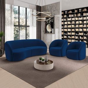 Conjunto Sofá Sala De Estar Bipartido 318cm E 2 Poltronas Clarke Veludo Azul G45 - Gran Belo
