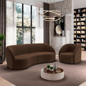 Conjunto Sofá Sala De Estar Bipartido 288cm E Poltrona Clarke Veludo Marrom G45 - Gran Belo