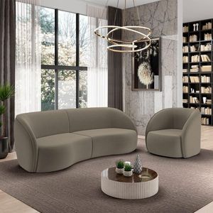 Conjunto Sofá Sala De Estar Bipartido 318cm E Poltrona Clarke Veludo Castor G45 - Gran Belo