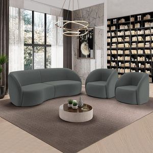 Conjunto Sofá Sala De Estar Bipartido 318cm E 2 Poltronas Clarke Veludo Grafite G45 - Gran Belo